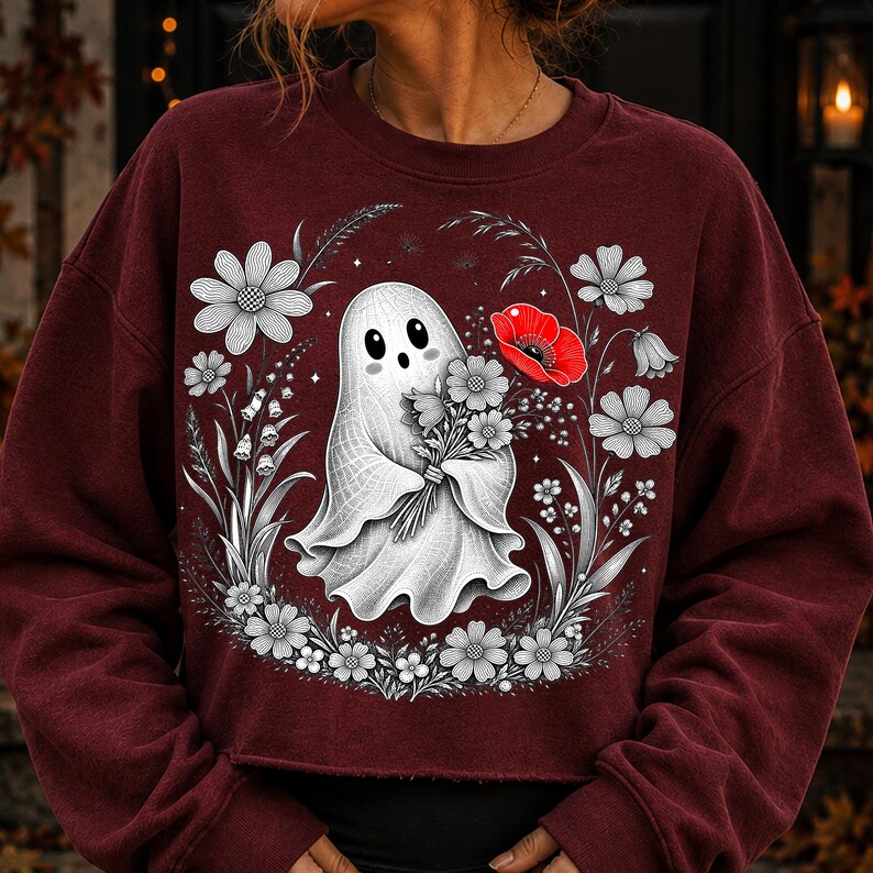 K&ouml;nnte beinhalten: Ein kastanienbraunes Langarm-Sweatshirt mit einer zentralen Grafik eines wei&szlig;en Geistes, der einen Blumenstrau&szlig; h&auml;lt. Das Design zeigt schwarz-wei&szlig;e Strichzeichnungen von Blumen um den Geist herum, erg&auml;nzt durch eine leuchtend rote Mohnblume.