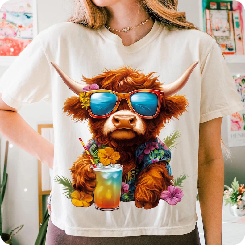 Image of Retro Highland Cow Beach Vibes PNG | Funny Summer Shirt Design | Digital Sublimation Download