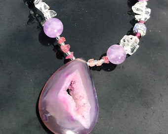 CARNIVALE Necklace (Agate Drusy, Amethyst, Pink Tourmaline, Garnet, Quartz Crystal, Artisan Glass)