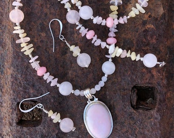 PRETTY IN PINK Necklace and Earrings (Pink Opal, Rose Quartz, Aragonite, Sterling Silver, Artisan Glass)