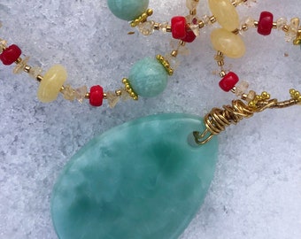 JADE EMPRESS Necklace (Beijing Jade, Amazonite, Citrine, Red Coral, Aragonite)