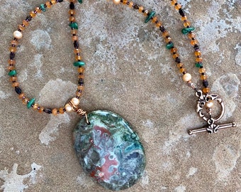 FIRE AND ASH Necklace & Earrings (Ocean Jasper, Carnelian, Green Aventurine, Swarovski Crystal Pearls)