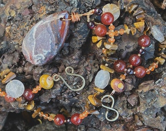 AUTUMN LEAVES Necklace (Crazy Lace Agate, Carnelian, Tiger Eye Quartz, Golden Rutilated Quartz, Mookaite)