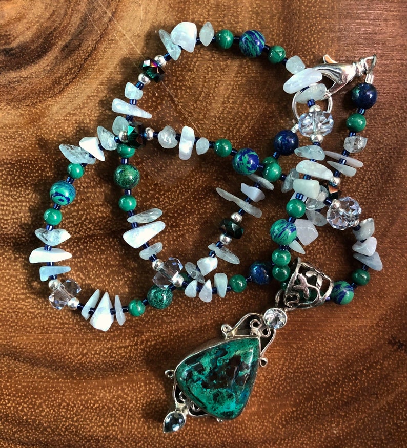 RAINFOREST Necklace Azurite, Malachite, Blue Lace Agate, Aquamarine, Czech Crystal image 1