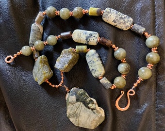 ROCK SOLID Necklace (Yellow "Turquoise," Labradorite, Copper, Serpentine)