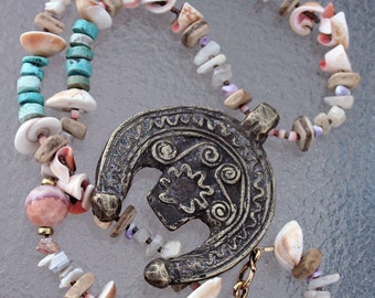 NEPTUNE'S BLESSING Necklace (Antique Mali brass horseshoe pendant, Crab Fire Agate, Turquoise, Seashells, Brass, Coconut Shell)