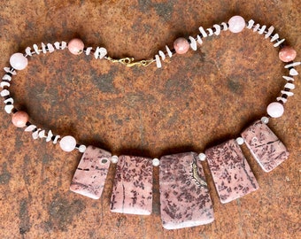 MONTEZUMA Necklace (Apache Jasper, Rose Quartz, Lepidolite, Seashell Heishe)