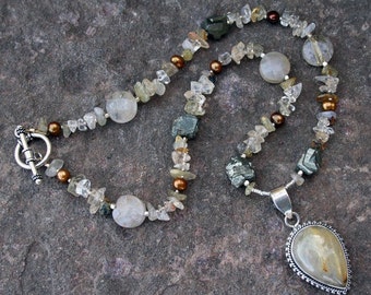 MOTHER EARTH Necklace (Rutilated Quartz, Pyrite, Citrine, Thai Hill Tribe Silver, Rajasthani Silver, Freshwater Pearls)