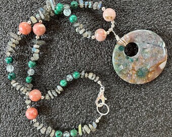 VINTAGE ROSE Necklace (Fancy Jasper, Labradorite, Lepidolite, Chrysocolla, Aquamarine, Sterling Silver)