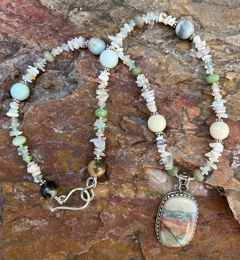 WATERCOLOURS Necklace Agate, Flower Amazonite, Opal, Aquamarine, Chrysoprase, Sterling Silver image 1