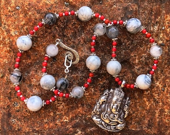 GANESHA Necklace (Marble, Red Coral, Tourmalinated Quartz, Silver)