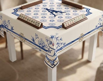 Personalized Mahjong Tablecloth, Blue Chinoiserie Monogram Square Table Cover, Mahj Room Decor
