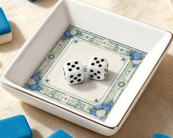 Mahjong Dice Tray with Gold Trim, Ceramic Jewelry Dish, Blue Hydrangea Chinoiserie, Hostess Gift, Game Night Decor