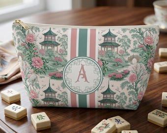 Mahjong Tile Bag, Monogram Chinoiserie Travel Case for Tiles, Personalized Toile Gift for Women, Zip Pouch