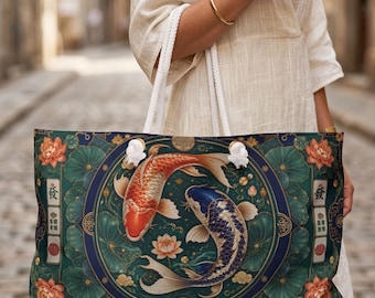 Mahjong Bag Koi Fish, Asian Inspired Weekender for Game Night, Travel Bag with Tile Bag, Mahjong Hostess Gift