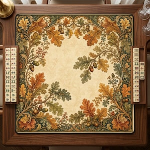May include: A square mahjong mat featuring a detailed border of autumn oak leaves and acorns in shades of brown, orange, and green. The center is a light cream color. Two wooden racks holding mahjong tiles are placed on the left and right sides.
