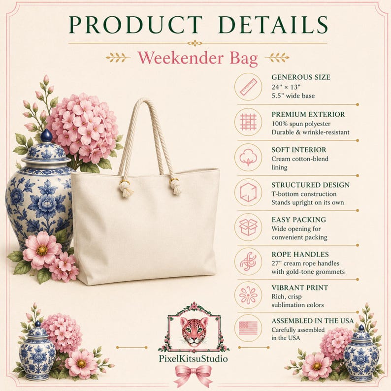 May include: A cream-colored weekender bag with rope handles and gold-tone grommets. The text lists product details including a 24 by 13 inch size with a 5.5 inch base, 100% spun polyester exterior, cream cotton-blend lining, and 27 inch rope handles.