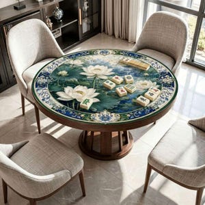 White Lotus Round Mahjong Mat with Storage Bag, Blue Chinoiserie Teal and Gold Non Slip 42 Inch Game Table Cover, Hostess Gift for Her
