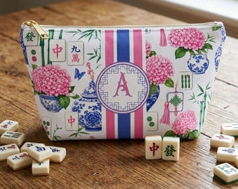 Mahjong Tile Bag, Monogram Chinoiserie Travel Case for Tiles, Personalized Gift for Women, Zip Pouch