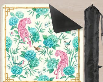 Mahjong Mat Pink Tiger, Preppy Chinoiserie Game Mat 33x33, with Storage Bag.