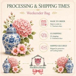 May include: An informational graphic titled PROCESSING & SHIPPING TIMES for a Weekender Bag. It features blue and white ginger jars, pink hydrangea flowers, and icons for made to order, US shipping, and secure shipping, with the PixelKitsuStudio logo.
