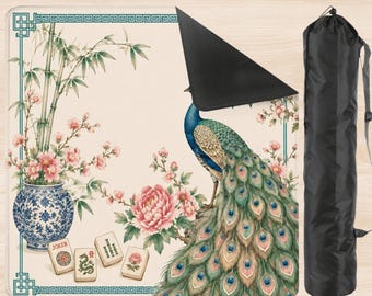 Chinoiserie Peacock Mahjong Table Mat with Storage Bag, Blue and White Ginger Jar Garden Square 33 Inch, Hostess Gift for Her