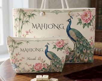 Personalized Mahjong Tile Bag, Peacock Chinoiserie Travel Case for Tiles, Custom Mahjong Gift for Women, Zip Pouch