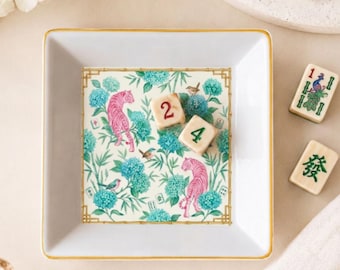 Pink Tiger Mahjong Dice Tray, Chinoiserie Trinket Tray, Ring Dish for Game Night, Preppy Jewelry Dish, Mahjong Gift