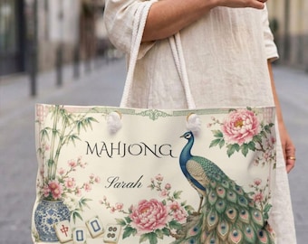 Personalized Mahjong Tile Bag, Peacock Chinoiserie Travel Case for Tiles, Custom Mahjong Gift for Women, Zip Pouch