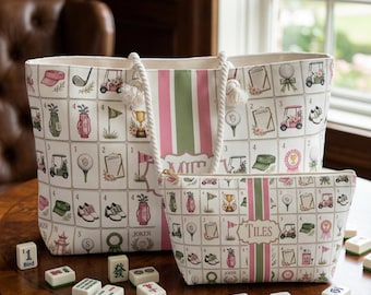 Golf Mahjong Tile Bag with Zipper, Preppy Country Club Weekender Tote, Custom Monogram, Game Night Hostess Gift for Women