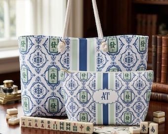 Mahjong Tile Bag Personalized, Blue and White Chinoiserie Monogram Tote, Grandmillennial Palm Beach Player Gift