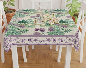 Purple Mahjong Tablecloth, Chinoiserie Square Table Cover for Game Night, 55x55" Mahj Room Decor