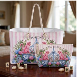 Pink Monkey Mahjong Bag, Preppy Chinoiserie Tote & Tile Pouch for Game Night, Travel Gift for Women image 3