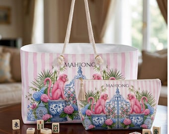 Pink Monkey Mahjong Bag, Preppy Chinoiserie Tote & Tile Pouch for Game Night, Travel Gift for Women