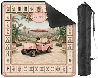 Mahjong Mat Pink Golf Cart, Preppy Country Club Game Mat 33x33, with Storage Bag, Mahjong Gift for Her