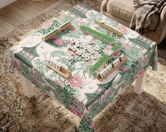 Mahjong Tablecloth Square, Pink Green Chinoiserie Toile Table Cover, 55x55 Grandmillennial Party Table Cloth