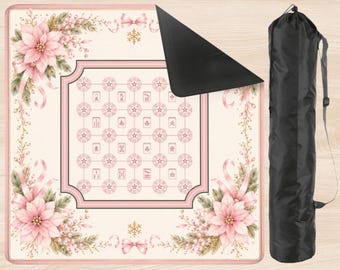 Pink Christmas Mahjong Table Mat with Storage Bag, Poinsettia Coquette Bow 33x33, Hostess Gift for Mahj Player