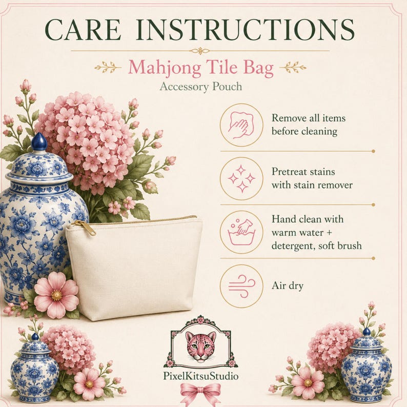 May include: A cream-colored accessory pouch for a Mahjong tile bag with care instructions text. The image features blue and white ginger jars, pink hydrangea flowers, and a logo with a cat face and the text PixelKitsuStudio at the bottom.