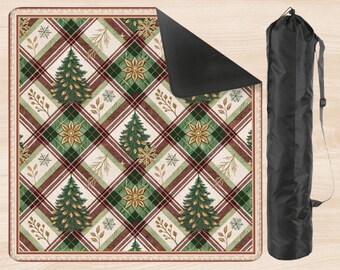 Cottage Christmas Mahjong Table Mat with Storage Bag, Pine Plaid Holiday 33x33, Hostess Gift for Mom