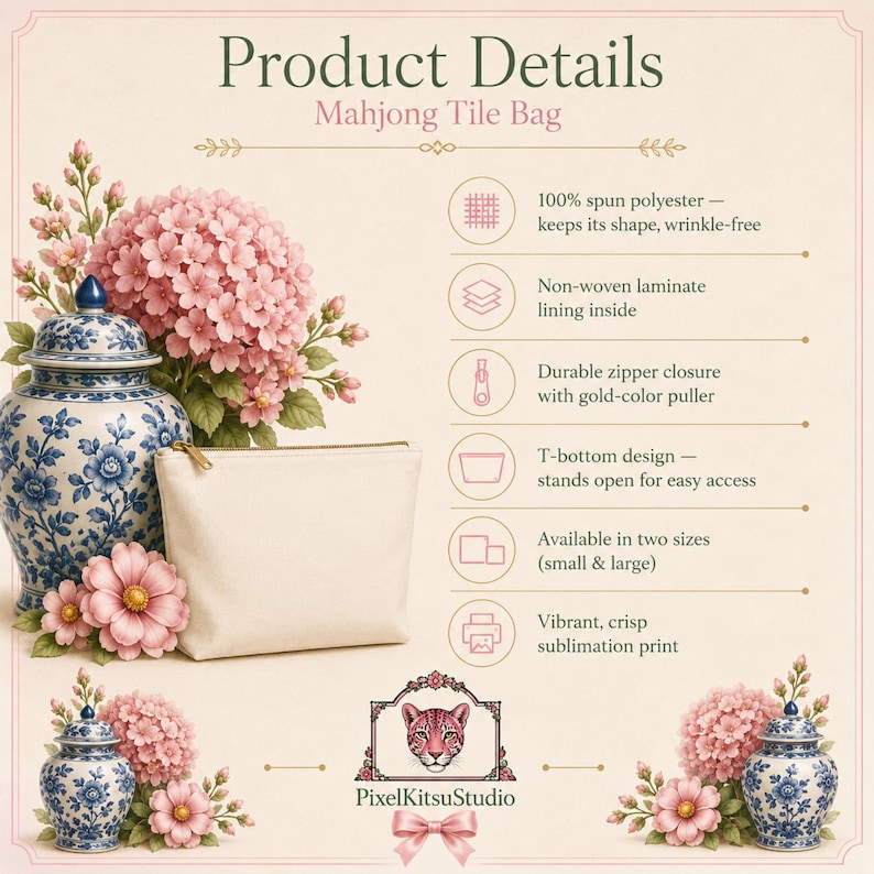 May include: A beige Mahjong tile bag with a gold-colored zipper puller. The product details list features including 100% spun polyester, non-woven laminate lining, a T-bottom design, two available sizes, and vibrant sublimation printing.