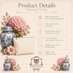 May include: A beige Mahjong tile bag with a gold-colored zipper puller. The product details list features including 100% spun polyester, non-woven laminate lining, a T-bottom design, two available sizes, and vibrant sublimation printing.