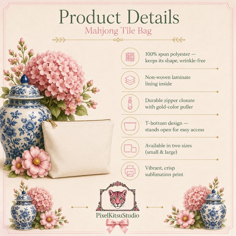 May include: A beige Mahjong tile bag with a gold-colored zipper puller. The product details list features including 100% spun polyester, non-woven laminate lining, a T-bottom design, two available sizes, and vibrant sublimation printing.