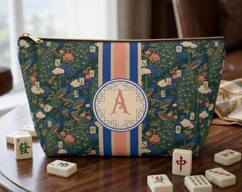 Mahjong Tile Bag, Monogram Peacock Travel Case for Tiles, Personalized Chinoiserie Gift for Women, Zip Pouch