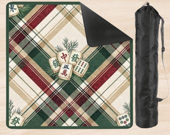 Christmas Mahjong Table Mat with Storage Bag, Tartan Plaid Holiday 33x33, Festive Hostess Gift for Her