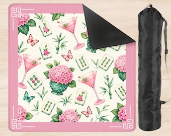 Pink Cocktail Mahjong Table Mat with Storage Bag, Tropical Palm Beach Preppy Square 33 Inch, Hostess Gift for Mahj Player