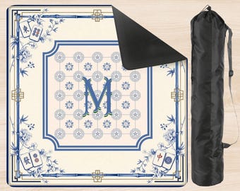Personalized Monogram Mahjong Table Mat with Storage Bag, Blue and White Chinoiserie Square 33 Inch, Custom Hostess Gift