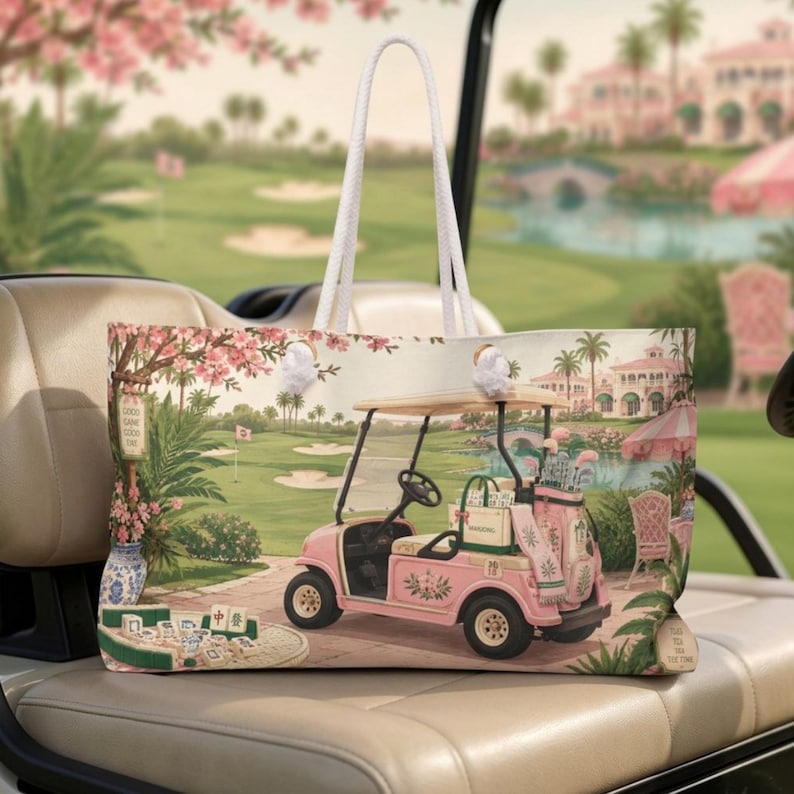 May include: A large tote bag with white rope handles featuring a printed scene of a pink golf cart on a green course. The design includes a mahjong set on a table, palm trees, a clubhouse, and pink floral accents. The bag has a rectangular shape.