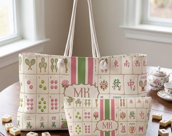 Tennis Mahjong Bag and Tile Pouch, Palm Beach Preppy Travel Tote 24 Inch, Country Club Hostess.