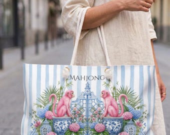 Pink Monkey Mahjong Bag, Preppy Chinoiserie Tote & Tile Pouch for Game Night, Travel Gift for Women