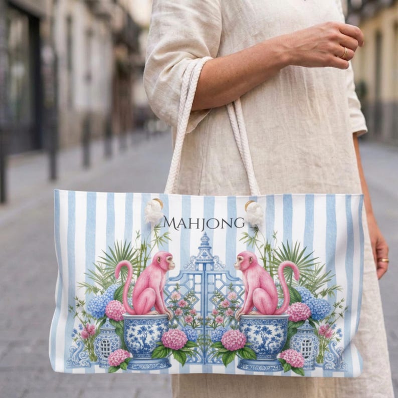Pink Monkey Mahjong Bag, Preppy Chinoiserie Tote & Tile Pouch for Game Night, Travel Gift for Women image 1